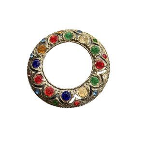 vintage multicolor Czech glass brooch with red, blue, and green stones
